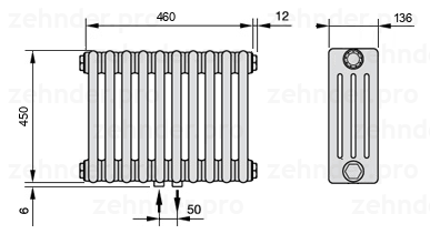 Схема (чертеж) Радиатор Zehnder Charleston 4045/10 №3470 Белый глянцевый RAL 9016